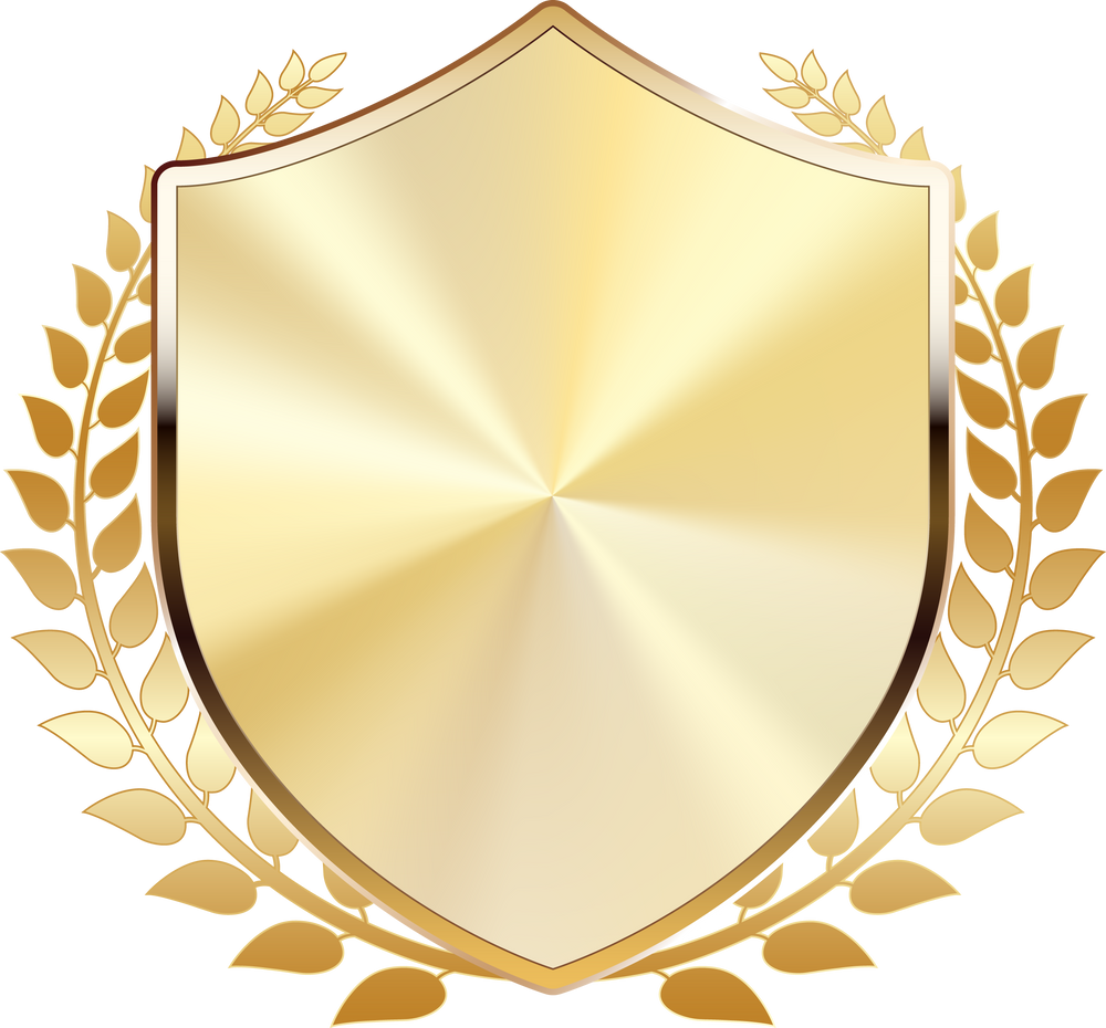 Golden shield. Luxury gold label. Glossy metal badge.